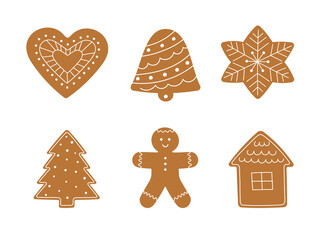 Set of gingerbread cookies. Winter homemade sweets in shape of gingerbread man, house, christmas tree, star jingle bell and heart.