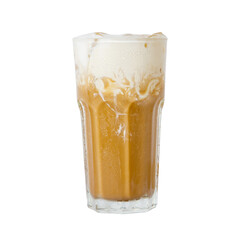 Iced coffee with milk froth on transparent cup isolated white background