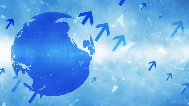 Looping positive business arrows with earth globe digital background.