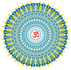 Mandala, object of rotation, spiritual symbol, with the sign om, aum, ohm in the center. Colors of Ukraine.