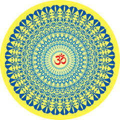 Openwork elegant mandala of blue color with the sign Aum, Om, Ohm in the center. Vector graphics.
