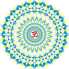 Mandala, object of rotation, spiritual symbol, with the sign om, aum, ohm in the center. Colors of Ukraine.