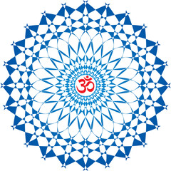 Openwork elegant mandala of blue color with the sign Aum, Om, Ohm in the center. Vector graphics.