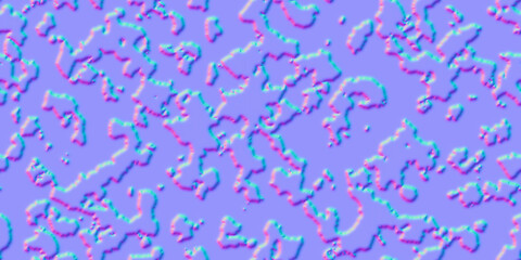 Normal map of grunge surface with organic spots as a seamless pattern. Spotted background. Animal print. Bump mapping of planet texture with continents. 3d shader of aged material © Kusandra