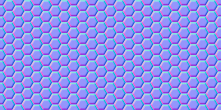 Normal map of honeycomb simple seamless pattern. Bump mapping of regular hive cell texture. Hexagon geometry material 3d shader illustration