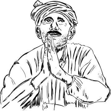 Indian Farmer stock image, Sketch drawing of Indian farmer praying for rain, Line art illustration silhouette vector of poor indian farmer praying to god.