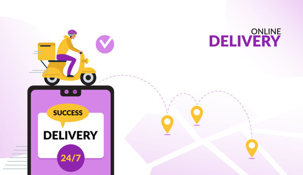 Fast delivery by scooter via mobile phone. Online delivery through the application. Tracking the courier on the map application. Vector flat illustration - Powered by Adobe