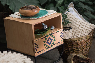 Ukrainian art, decorative furniture and textiles, ancient Ukrainian patterns on furniture, decorative furniture in the botanical garden