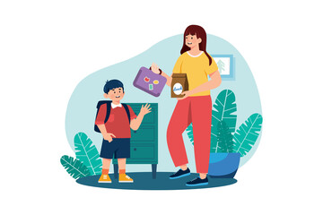 Mother giving lunchbox to her son Illustration concept on white background