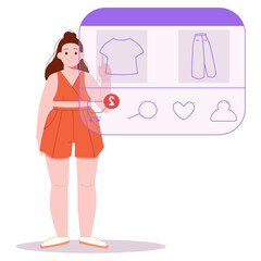 online shopping. Flat illustration of smiling young woman making online payments using laptop computer