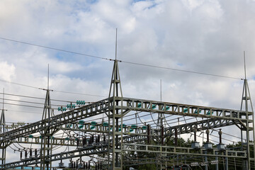 Fototapeta premium Power station and cables, blue sky and clouds background