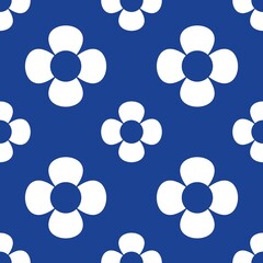 Blue white seamless background with flowers..Abstract, repeating regular pattern for print..Graphic design with regular shapes.