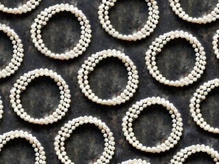 A pattern of beautiful handmade necklaces made of white pearl on a black concrete background. A jeweler's concept for working with natural stones and minerals. Set of white pearl bracelet.