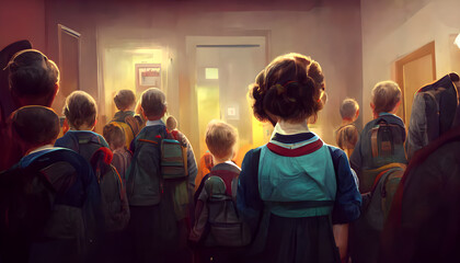 A shy little girl goes to school painting