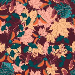 Seamless floral vector pattern with autumn leaves, oak acorns and ginkgo branches 