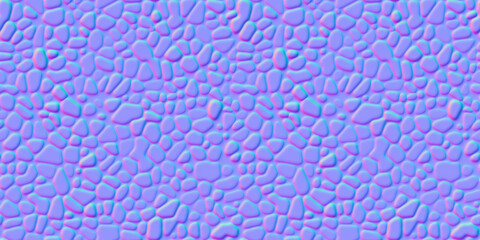 Normal map of seamless pebble mosaic organic pattern. Bump mapping of tile decoration for floor, wall and paving. Design of kitchen, bathroom, outdoor. 3d shader of paved path texture