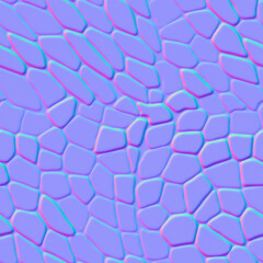 Normal map of seamless cobble mosaic organic pattern. Bump mapping of tile decoration for floor, wall and paving. Design of kitchen, bathroom, outdoor. 3d shader of paved path texture