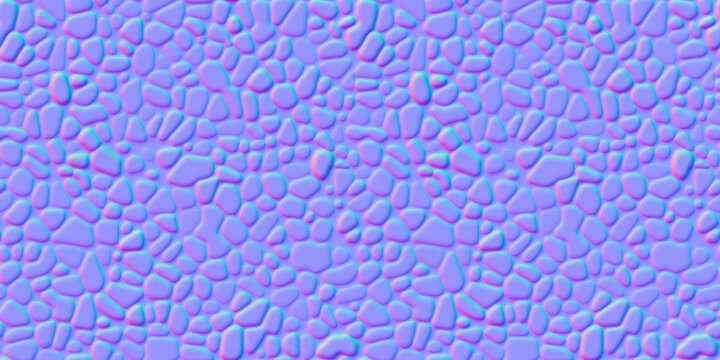 Normal Map Of Seamless Pebble Mosaic Organic Pattern. Bump Mapping Of Tile Decoration For Floor, Wall And Paving. Design Of Kitchen, Bathroom, Outdoor. 3d Shader Of Paved Path Texture