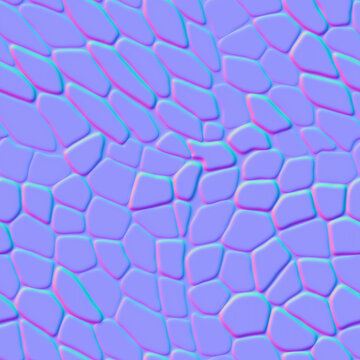 Normal map of seamless cobble mosaic organic pattern. Bump mapping of tile decoration for floor, wall and paving. Design of kitchen, bathroom, outdoor. 3d shader of paved path texture