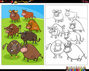 cartoon bulls farm animal characters coloring page