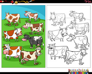Obraz na płótnie Canvas cartoon cows farm animal characters coloring page