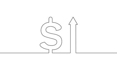 Continuous line drawing of arrow up with dollar, business growth, doodle icon, object one line, single line art, vector illustration