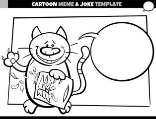 black and white cartoon meme template with naughty cat