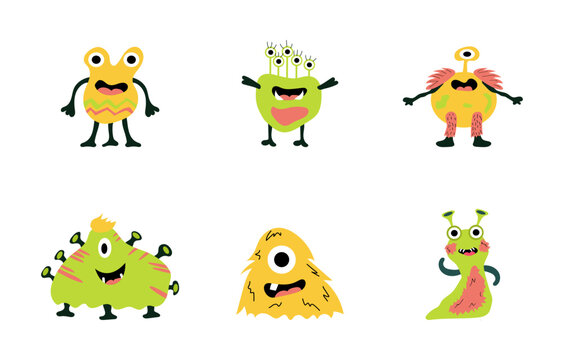 A set of bright monsters. Cute cartoon aliens. Idea for children's textiles. Vector illustration of monsters in flat style.