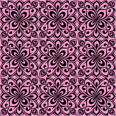 seamless graphic pattern, floral black ornament tile on pink background, texture, design