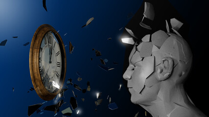 Time clock breaking in flying pieces on black background. 3D rendering	
