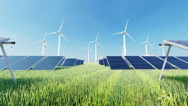 4K Animation with solar panel cells and spinning wind turbines on the eco energy farm. Power generators produce electricity with wind and solar panels with sunlight. This is clean and green industry.
