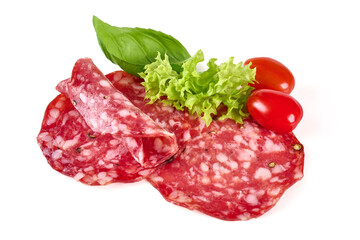 Salami smoked sausage, isolated on white background.