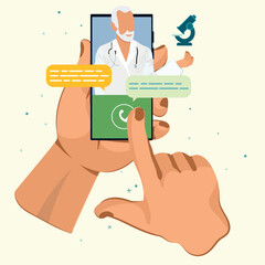 The doctor is on the phone Call a doctor Online doctor s consultation. Laboratory analyzes online View videos or video chat with the doctor Vector illustration