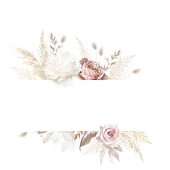 Modern beige and blush trendy vector design frame. Pastel dried pampas grass, magnolia, white peony, ranunculus, dusty pink rose card