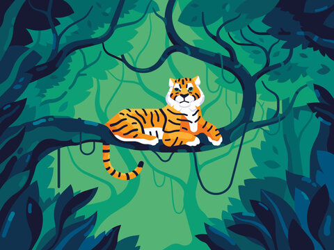 Tiger In The Tropical Jungle. Cartoon Tiger Lies On A Tree Branch. Wild Cat In Nature. Flat Vector Illustration