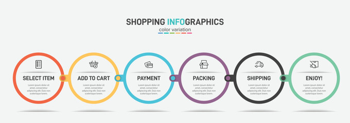 Concept of shopping process with 6 successive steps. Six colorful graphic elements. Timeline design for brochure, presentation, web site. Infographic design layout.