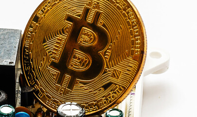 Fototapeta na wymiar Bitcoin on the mock up cash. Cryptocurrency digital money Concept