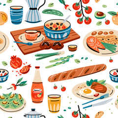 Colored seamless pattern of food and drink. Vector illustration for design of menu. Wallpaper, print, packaging, paper, textile design.
