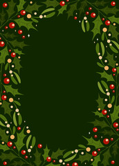 Mistletoe ilex frame oval in flat style on green background.
