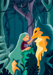 naturaleza mujer con lobo en el bosque