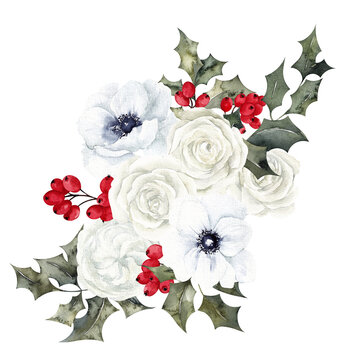 Watercolor floral bouquet with winter flowers, christmas tree and leaves, isolated on white background