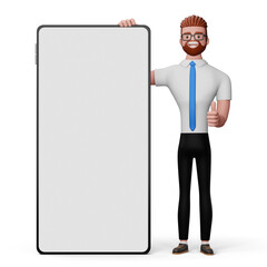 Happy business man thumbs up with blank phone, 3d rendering