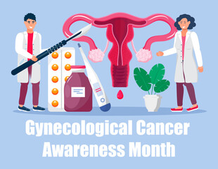 Gynecologic cancer awareness month concept vector for medical websites, app. Tiny doctor examines uterus and treat cervical cancer, give medication.