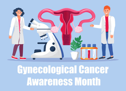 Gynecologic cancer awareness month concept vector for medical websites, app. Tiny doctor examines uterus and treat cervical cancer, give medication. - Powered by Adobe