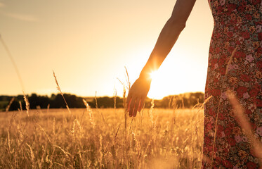  Feeling at peace in nature concept. Female walking in open field at sunset.