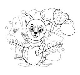 Coloring page. Cute puppy with a butterfly, hearts and balloons