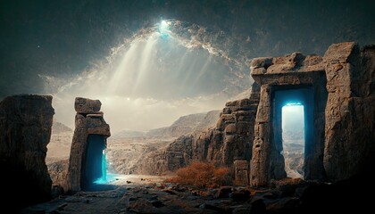 Raster illustration of portal in ancient stone structures in the middle of the desert. Portal to another world, ancient egypt, magic, mysticism, beam of light from heaven. 3D artwork background - obrazy, fototapety, plakaty
