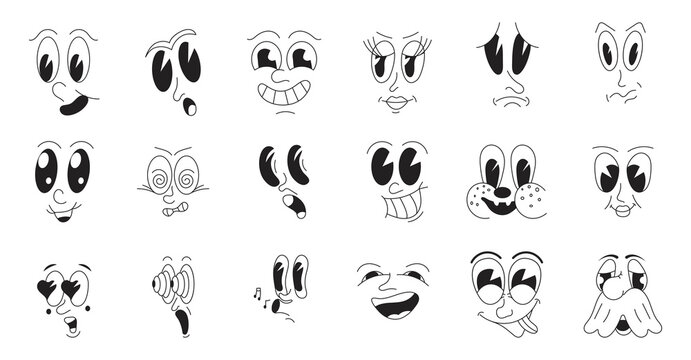Mascot characters set vector in retro 30s cartoon style. Cute, funny faces, as examples of 50s, 60s old animation style.