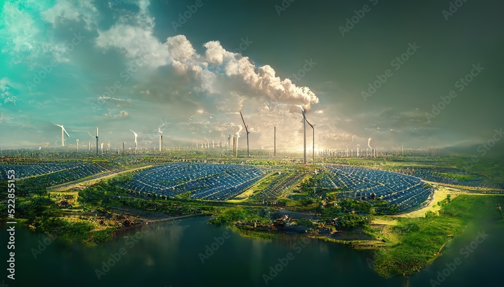 Poster Field with solar batteries and wind farms. Renewable sources of electrictrity, green energy, sea shore, cloudy sky, ecology, sustainable, clean environment. Technology concept. 3D artwork background