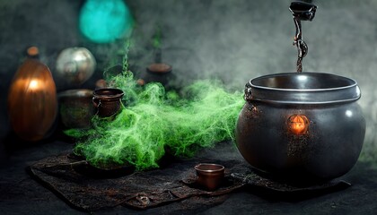 Raster illustration of a pot for brewing potions. Glass flask with green smoke around it, orange lights, magic, fiction, witchcraft, witchs hut, philtre. Miracle concept. 3D artwork raster background
